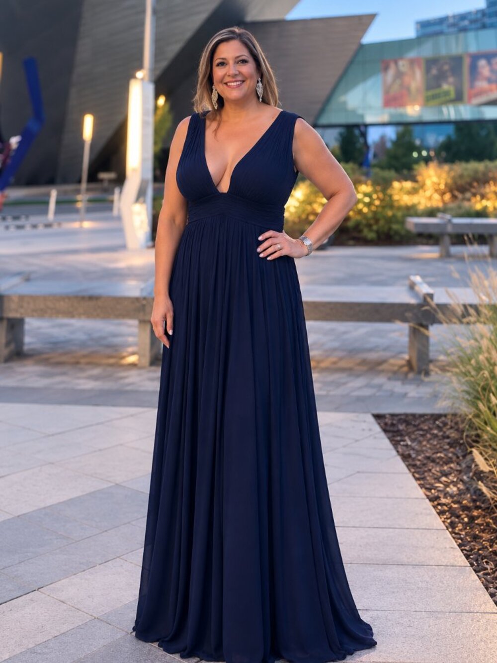 Lulus Navy Blue Pleated Deep V Neck Maxi Formal Dress Size XL